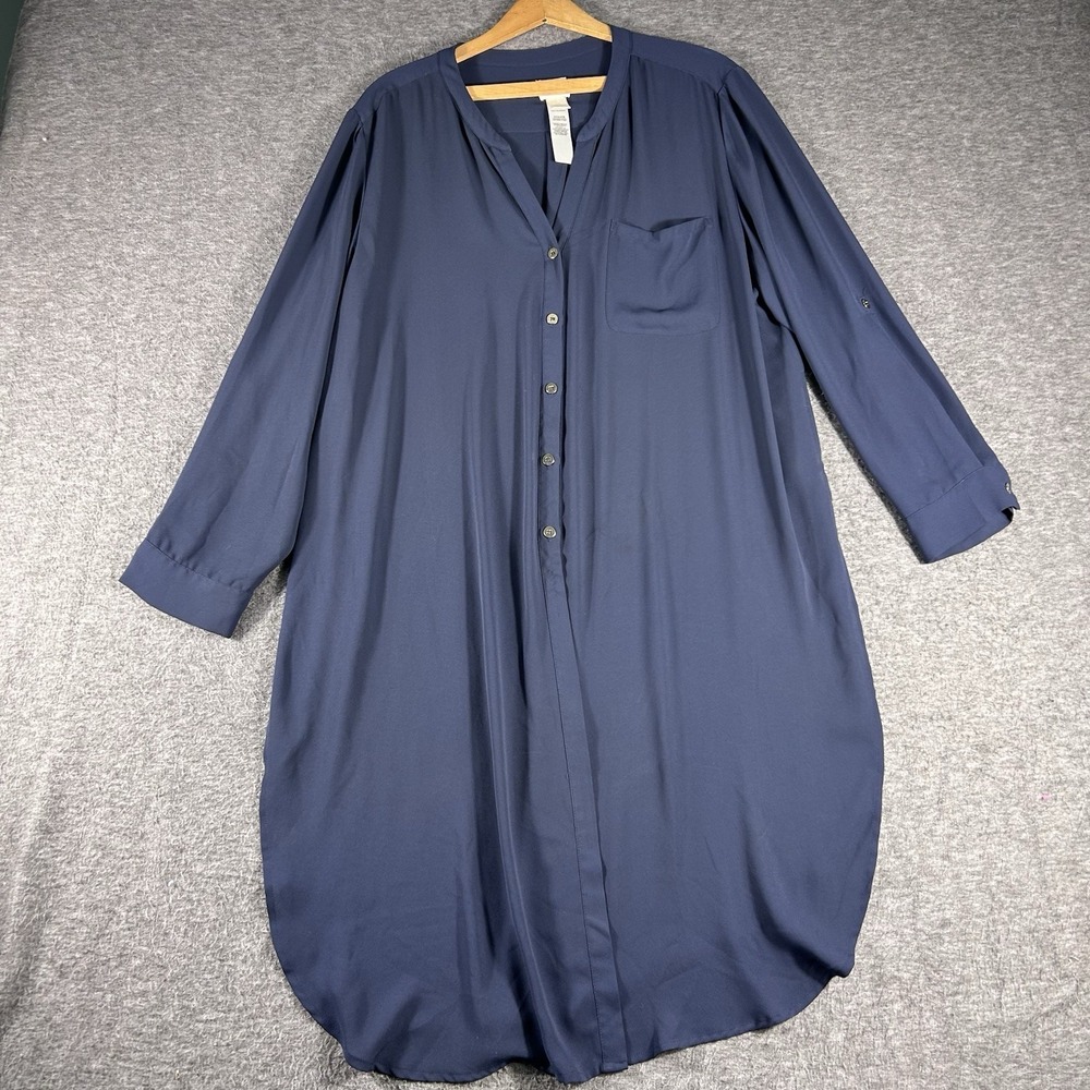 Chicos Shirt Dress Size 3P XLP Navy Button Up Roll Tab Sleeves Lightweight
